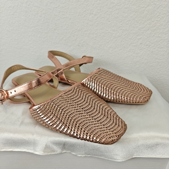 Pilcro Anthropologie Rose Gold Metallic Woven Leather Buckle Flats Size 10 - Picture 4 of 11